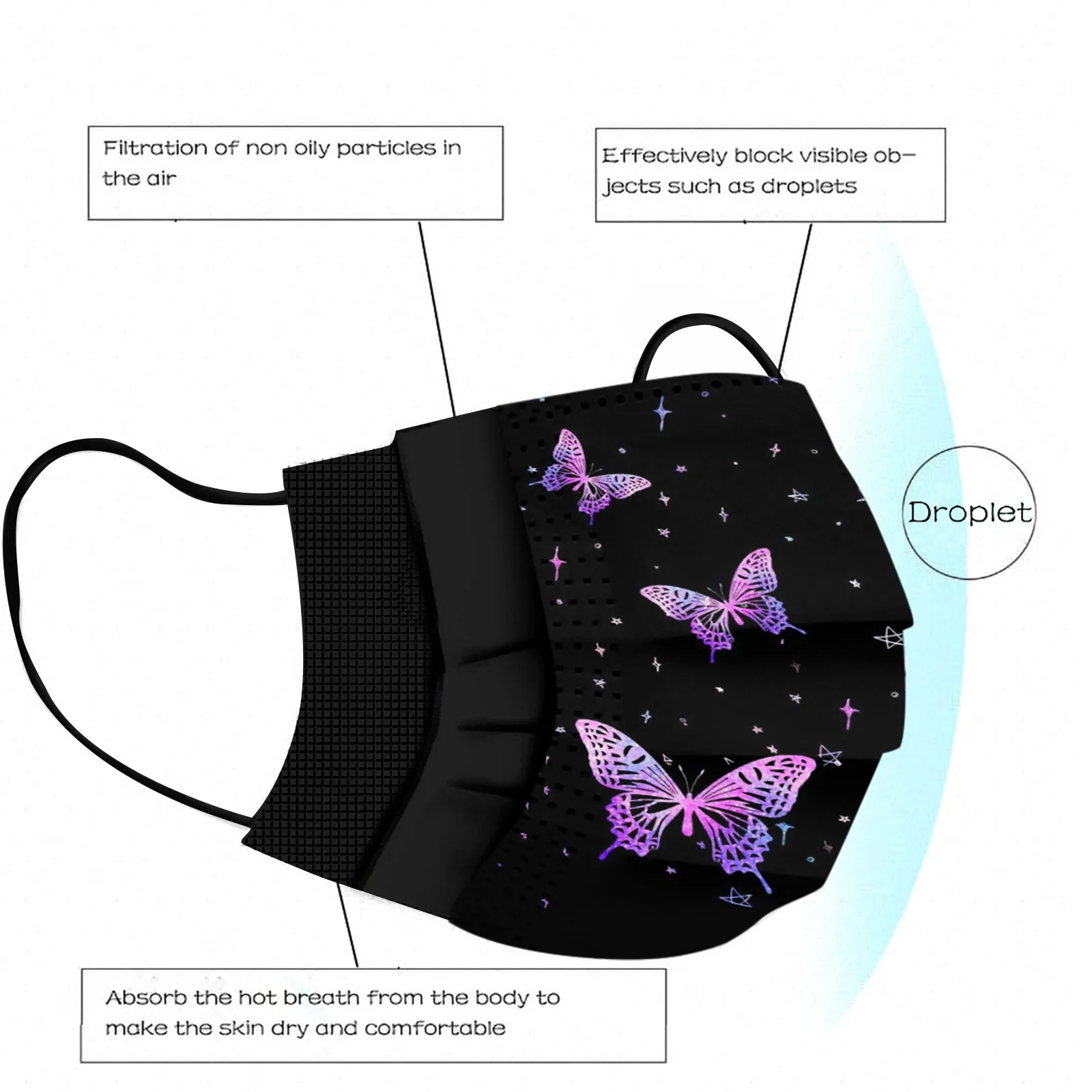 

Adult Women Mask Disposable Face Mask Industrial 3Ply Ear Loop 50PCS Butterfly Black Purple Elegant Anti-Dust Suitable