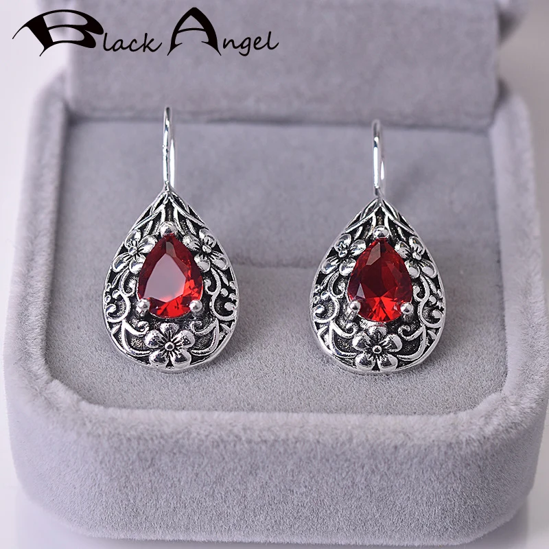 

BLACK ANGEL Vintage Water Drop Shaped Luxury Ruby Gemstone Pattern Jewelry 925 Silver Drop Earrings For Women Christmas Gift