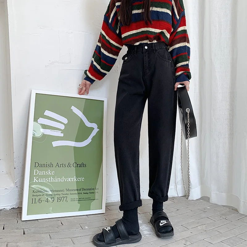 

Светильник-голубые джинсовые брюки, винтажные брюки с широкими штанинами, женские прямые длинные брюки в Корейском стиле, повседневные сво...