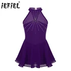 Детское платье для фигурного катания без рукавов, сетчатые Стразы с лямкой на шее, танцевальные костюмы для катания на льду, балетное танцевальное платье-трико