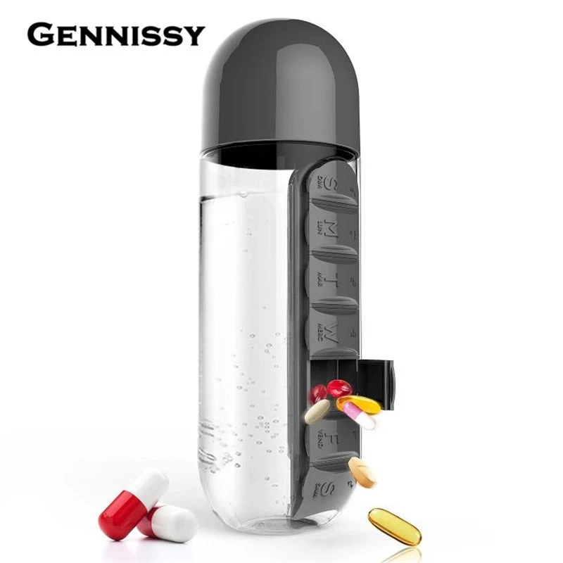 GENNISSY 600 мл моя бутылка для воды, Спортивная комбинация, ежедневный контейнер для таблеток, органайзер, питьевые бутылки для воды, пластиковый герметичный стакан