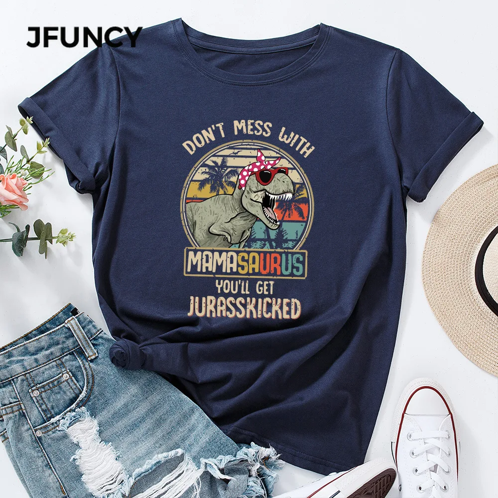 JFUNCY  5XL Women Summer T-shirt Dinosaur Letters Print Tees Short Sleeve Woman Tshirt 100% Cotton Female Tops