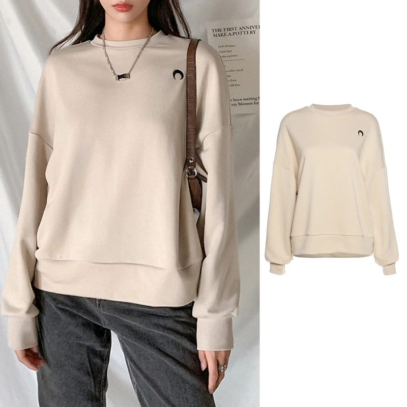 

Women Autumn Batwing Long Sleeve Sweatshirt Round Neck Moon Embroidery Pullover Tops Harajuku Oversized Loose Streetwear