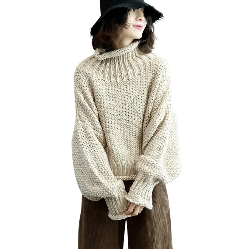 2021 Winter New Plus Size Women Sweaters And Pullovers Turtleneck Solid Loose Lantern Sleeved Knitted Lady Pulls Outwear Coats | Женская