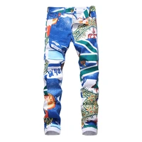 sokotoo mens fashion y2k blue printed jeans slim fit straight stretch pants