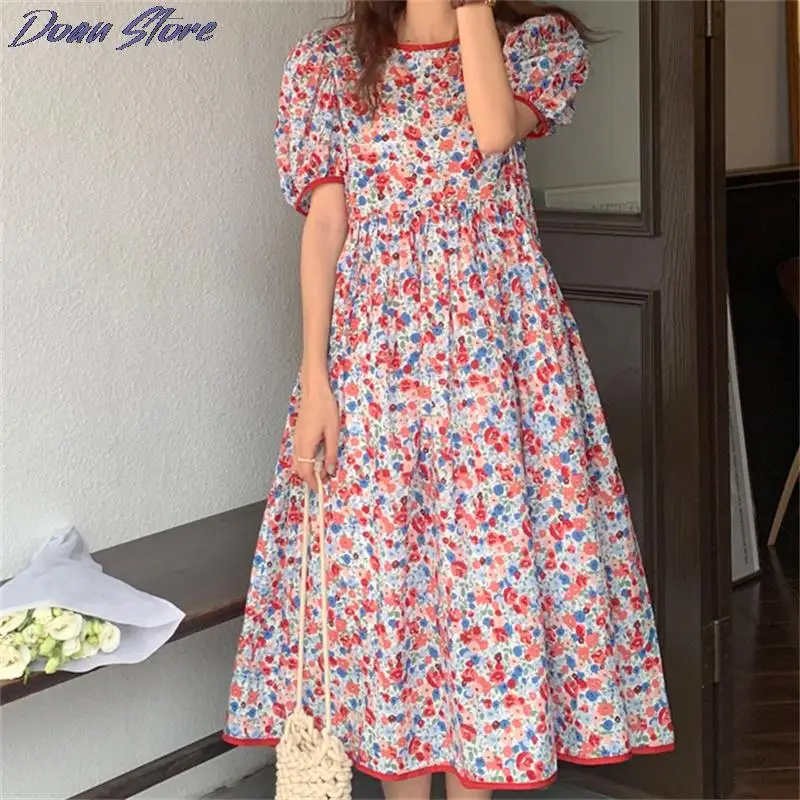 

2021 Retro Floral Print Puff Sleeves Sweet Elegant Femme Vestidos Hot Summer Vintage Party Dress Chic Lady Long Dresses