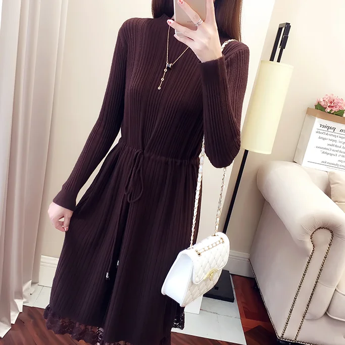 Женское трикотажное платье-свитер облегающее плотное кружевное платье-трапеция