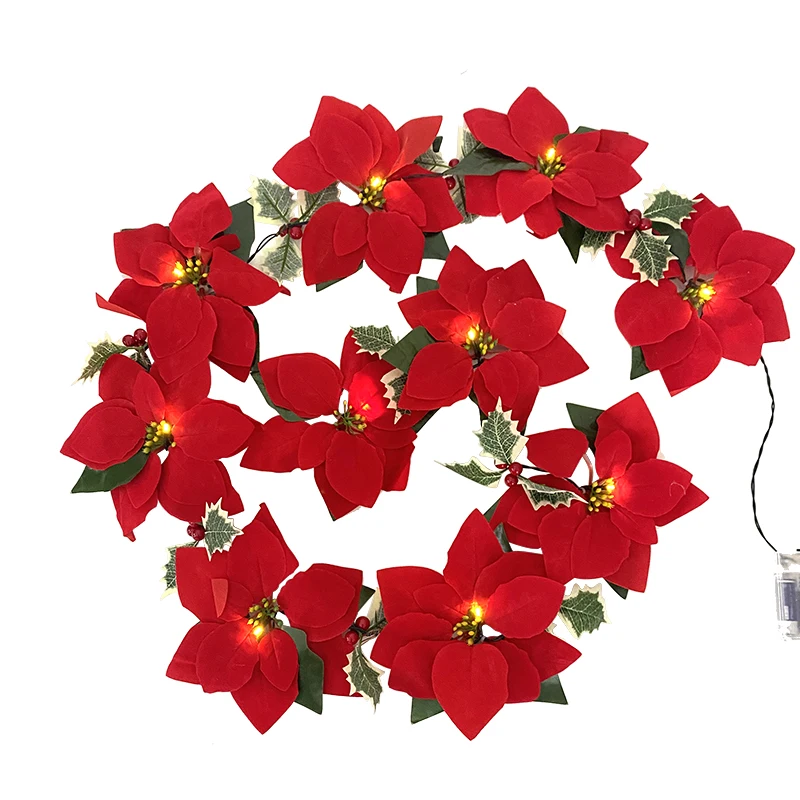 

Christmas Artificial Flowers Garland String LED Lights Poinsettia Flower Heads Red Berry Vine Xmas Tree Ornament for Home Decor