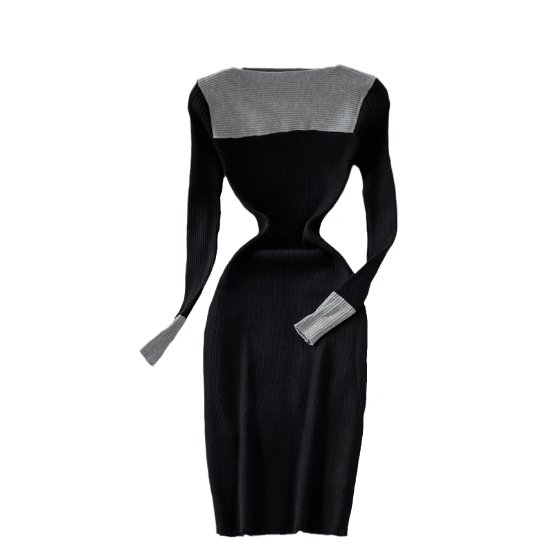 

2021 autumn new women's chic slash neck color block knitted sheath dresses female retro slim sweater dress