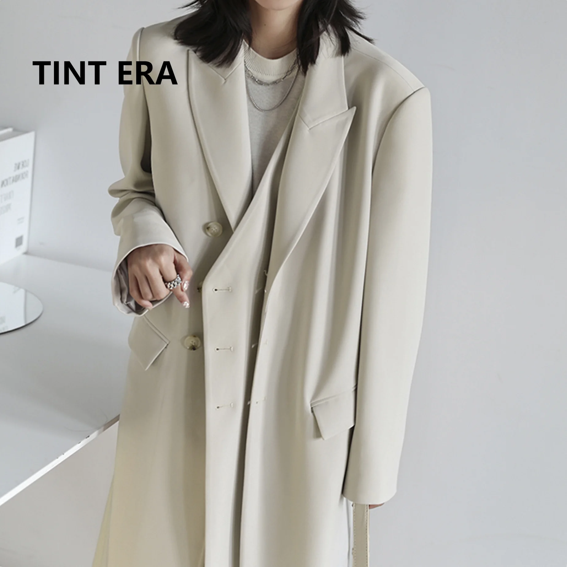 

Женская одежда TINT ERA, Новинка осени 2022, длинная свободная куртка с двойной планкой, ветровка выше колена, тренчкот для женщин Y2K