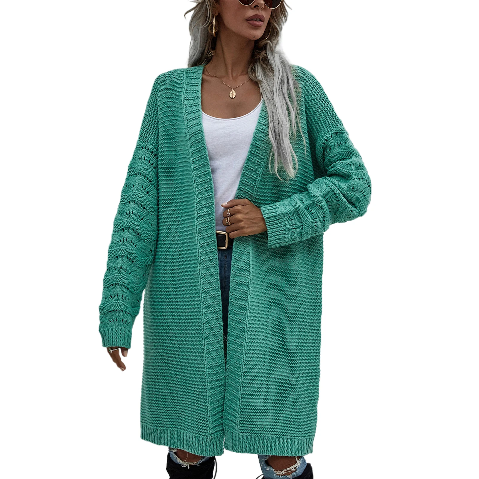 

Женский однотонный вязаный кардиган свободного кроя, Длинные Топы с вырезами на рукавах для весны и осени