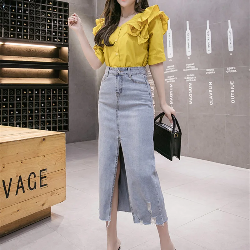 

Limiguyue Women High Waist Ripped Denim Skirt Female Front Split Long Skirt Jeans Spring Autumn Casual Straight Midi Skirts K057