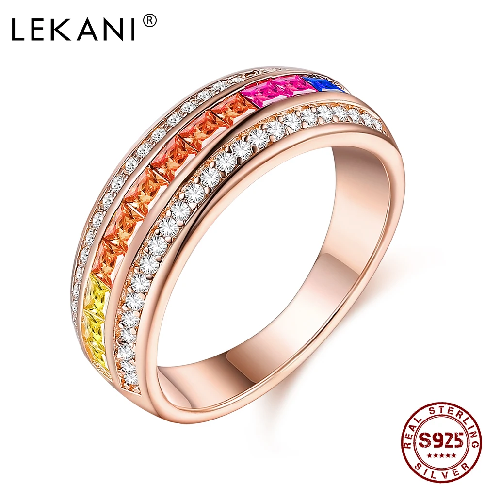 

LEKANI Rings For Women S925 Sterling Silver 2 Circles Small White And 1 Circle Colored Zircons Wide Rings Elegant Fine Jewelry