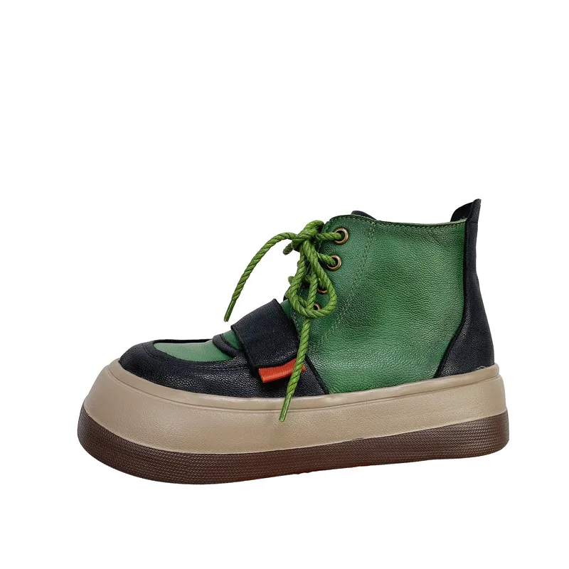 

Hjwsfdcai Women Genuine Leather Round Toe Women Short Boots Ladies Platform Lace-Up Outdoor Mujer Shoes Flat Fashion Woman Boots