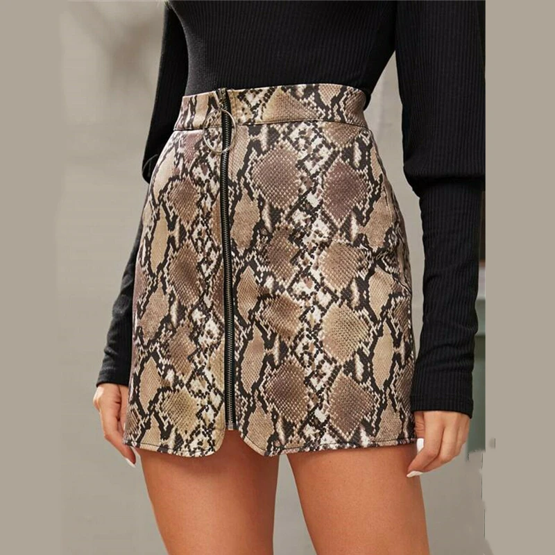 

Women Sexy Serpentine Mini Skirts Fashion Autumn Winter Zip Up Pencil Skirts High Waist Mini Snake Skin Printed Bodycon Skirts