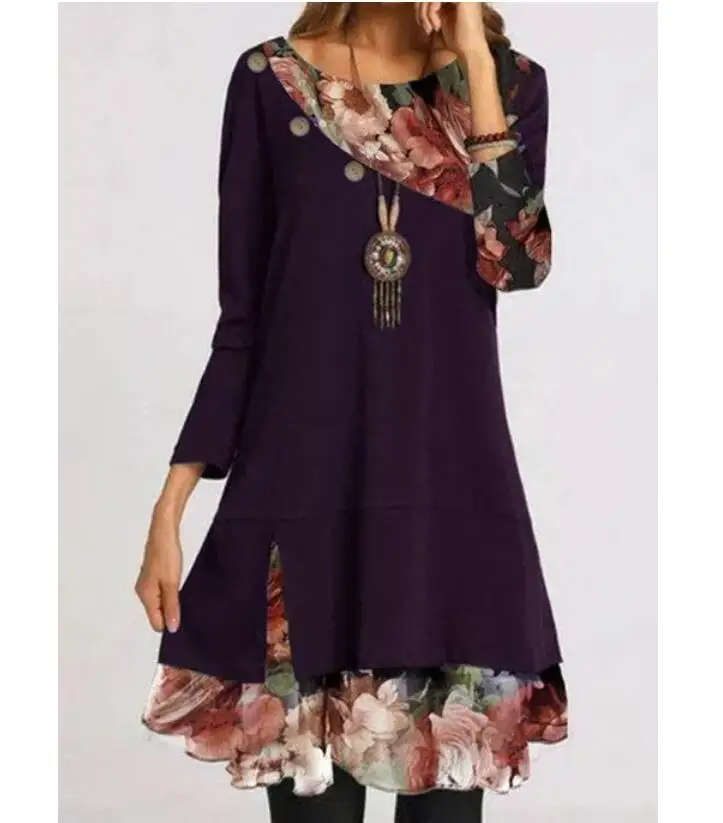 

Vintage Floral Print Patchwork Button Dress Women Elegant O Neck Party Dress 2021 Spring Autumn Long Sleeve Dress Vestido