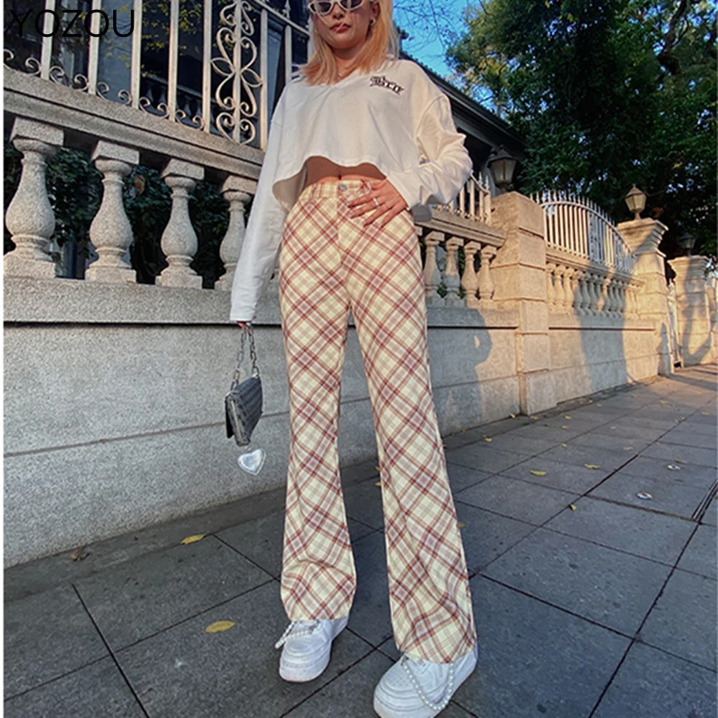 

YOZOU Women Chic Harajuku Y2k Vintage Plaid Elastic High Wasit Slim Boot Cut Flare Pants YL-475