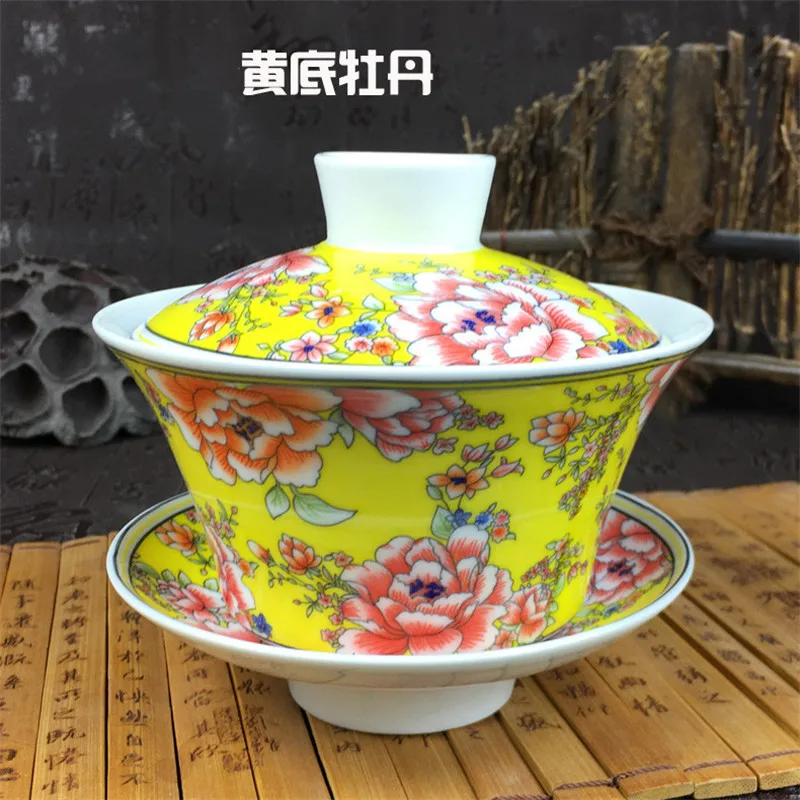 Yellow Peony Sancai gaiwan Цзиндэчжэнь фарфор 200 мл восемь сокровища чайная чаша китайский синий и белый фарфор чайная чашка и блюдце набор - Цвет: Yellow Peony