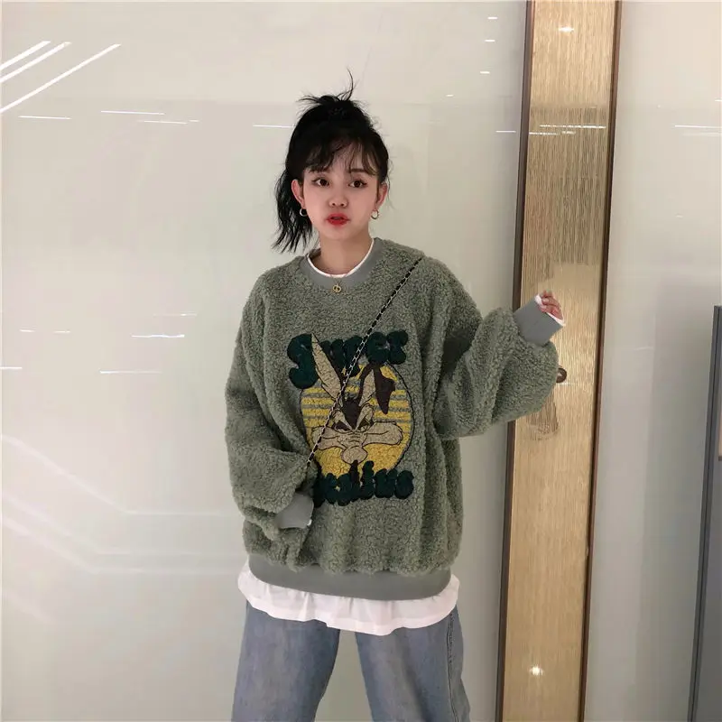 

Winter plus velvet padded sweater female new Harajuku wind student imitation lamb hair fake two loose coat tide