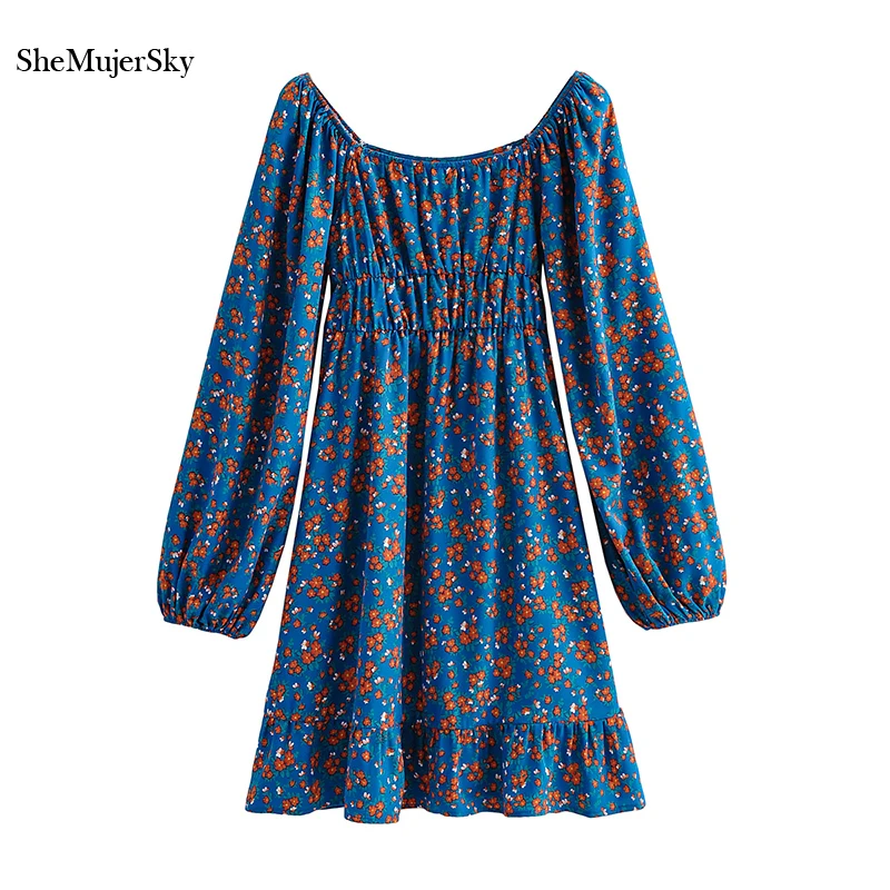 

SheMujerSky Women Off Shoulder Blue Dress 2021 Long Sleeve Floral Print Spliced A-line Mini Dresses jurken