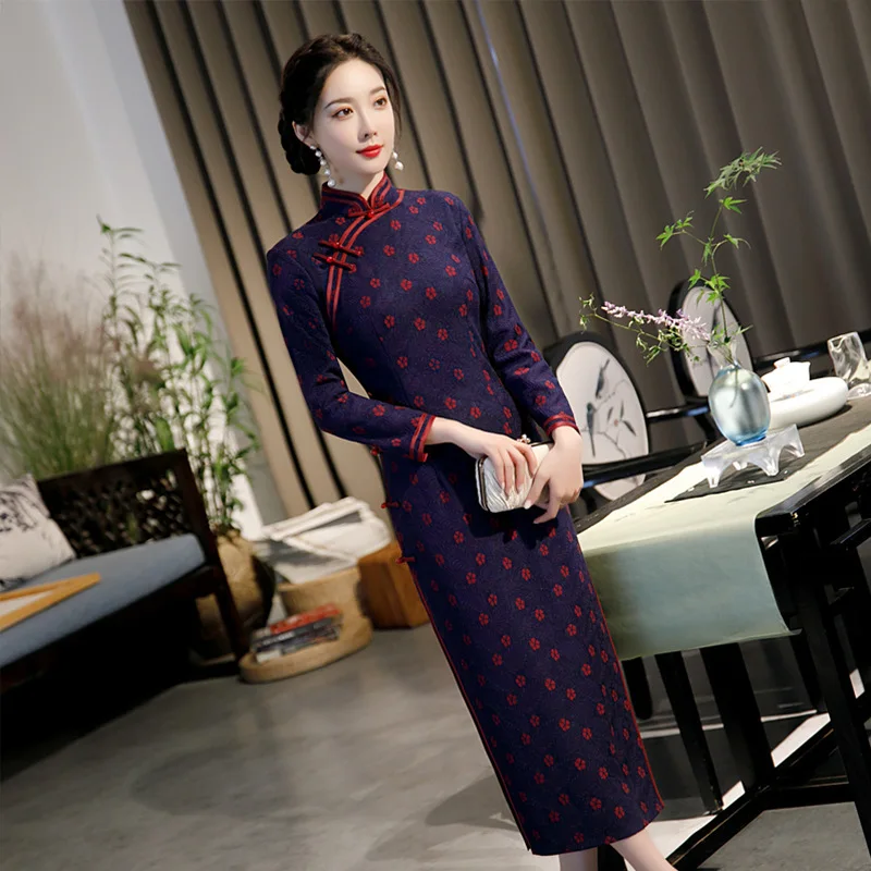 

Женское кружевное платье-Ципао с цветочным принтом, в китайском стиле