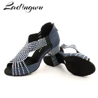 Женские бальные туфли Ladingwu, темно-синие джинсовые туфли на низком каблуке для латинских танцев, сальса, стразы