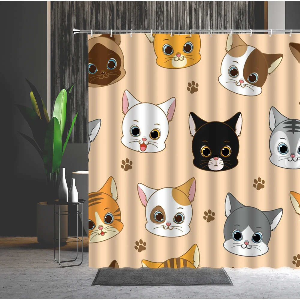 

Cats Shower Curtain Cartoons Funny Animal Footprint Love-Heart Pattern Modern Simplicity Lucky Cat Child Bath Curtains With Hook