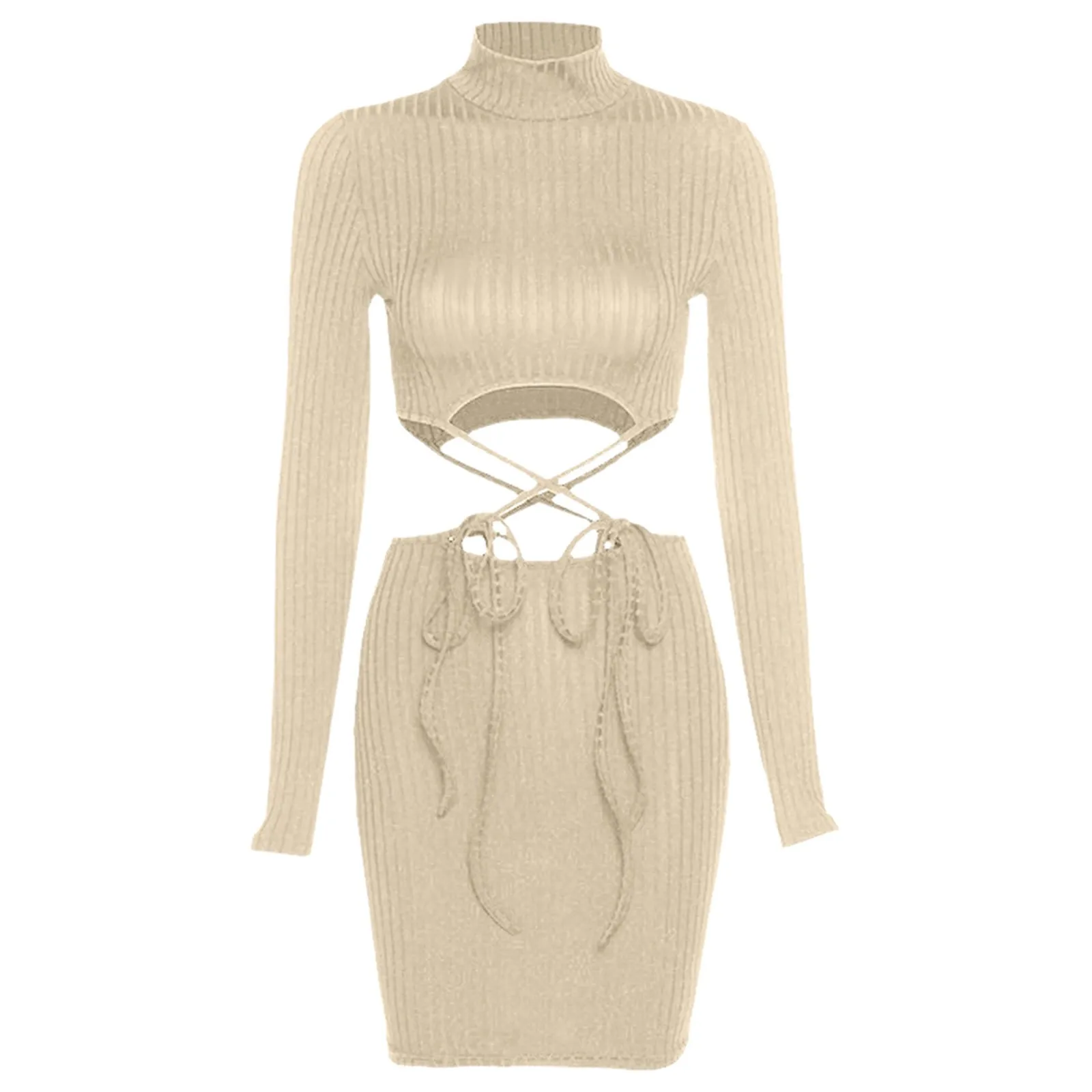 

Women Round Neck Long Sleeve Sexy Hollow Slim Fit Bag Hip Long Sleeve Dress Suit Sexy Slim A-line Version Dress