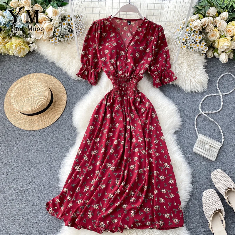 YuooMuoo платье с цветочным принтом женское красное v образный вырез длинные