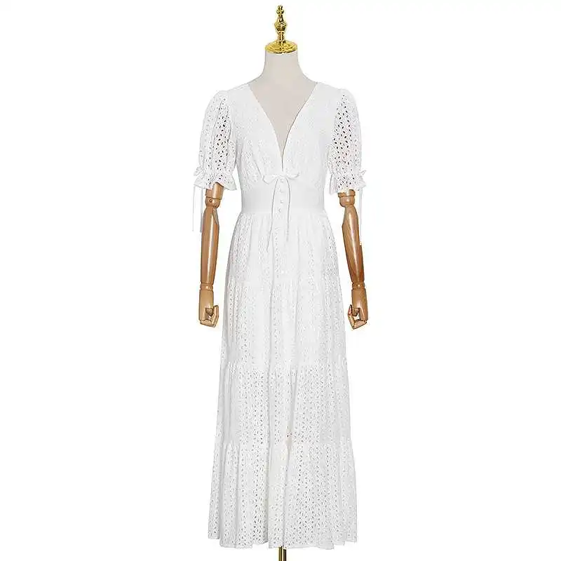 

cotton Summer big-name women's short-sleeved hollow high-waist sexy long skirt 2021 new women's fashion party pleated tutu skirt