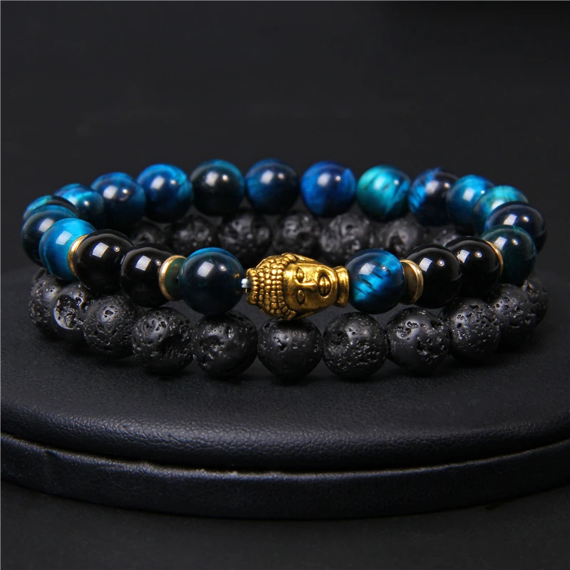 Браслет из вулканической лавы 8 мм 2 шт./компл. Золотая подвеска в виде головы