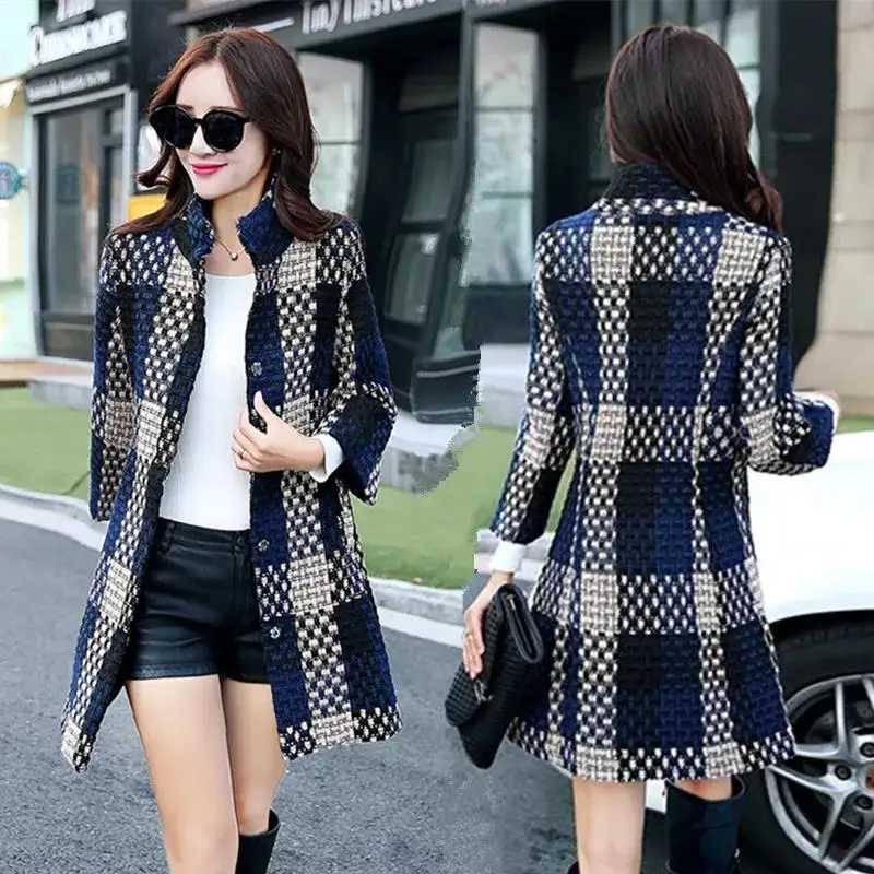 

Chic Women Woolen Coat Fashion Mid-Length 2022 Autumn Winter Jackets Tops New Thick Woolen Blended Overcoat Plaid Coats Female