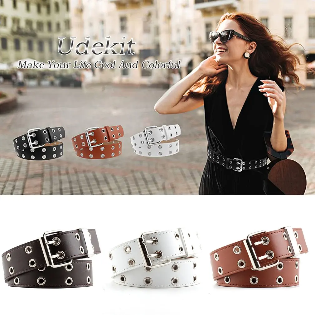 

110cm Women Punk Chain Belt Black Double Eyelet Grommet Leather Buckle Belt Female Ladies Waist Jeans Belts