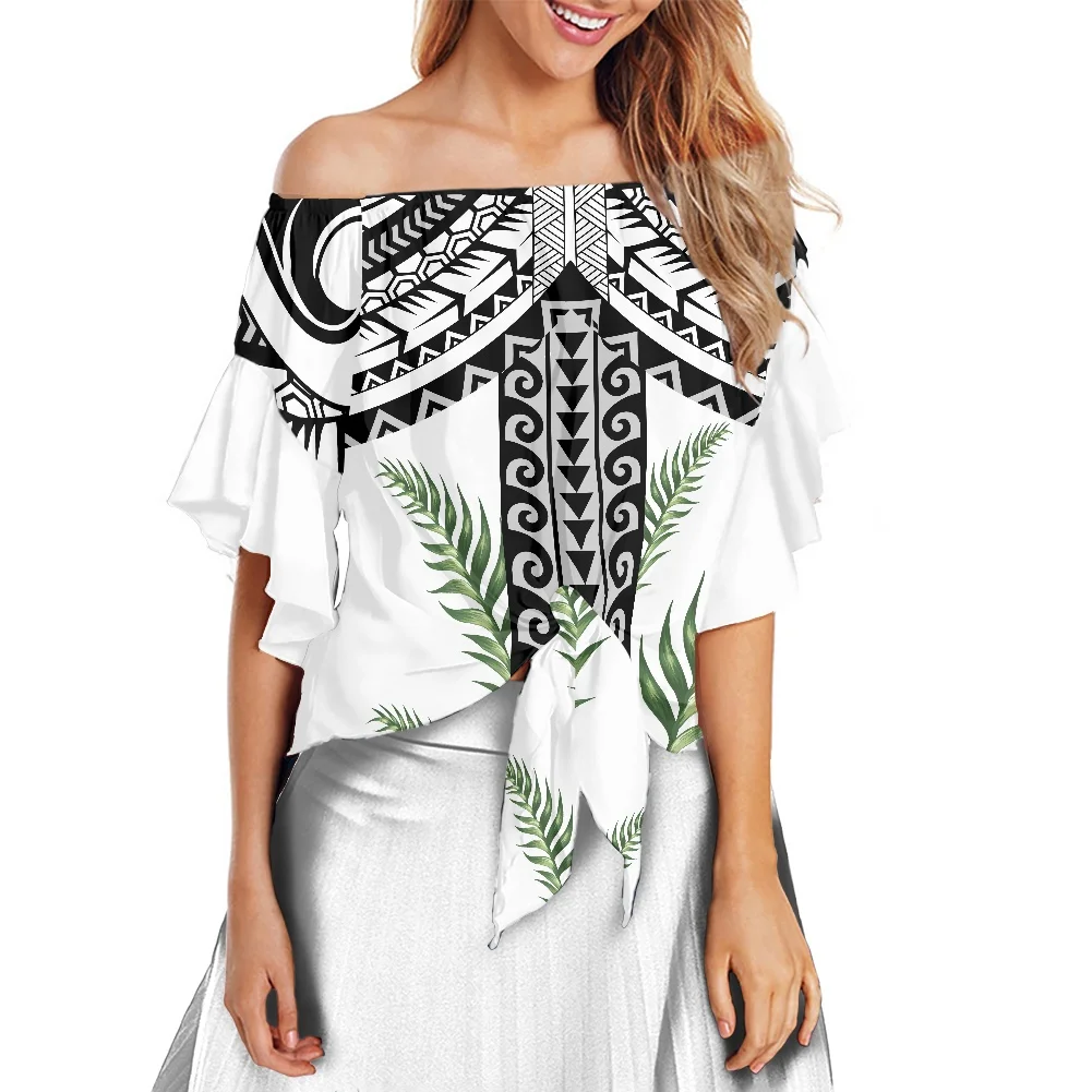 

Полинезийская плечевая рубашка с принтом листьев, расклешенными рукавами и открытыми плечами, Модная стильная рубашка, Летняя женская одеж...