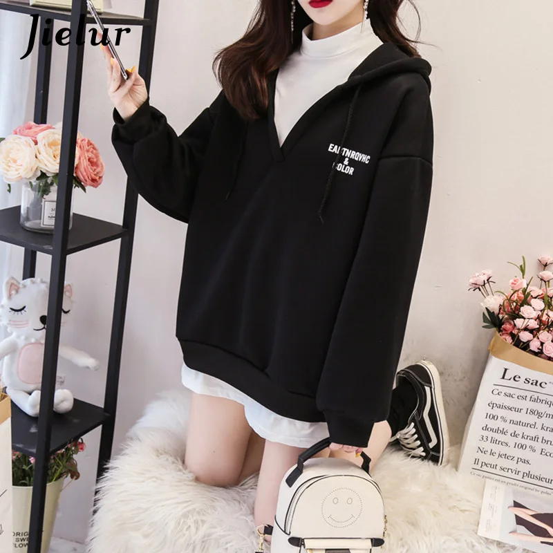 Jielur Hoodies Women Warm Autumn Winter New Fake Two Pieces Sweatshirt Loose Chic Korean Hoodie Femme Sudadera Mujer M-XXL | Женская