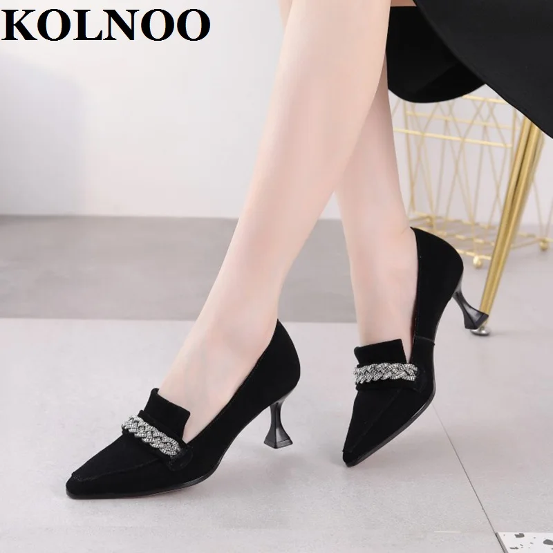 

KOLNOO Handmade New Ladies High Heels Pumps Kid-Suede Leather Pointy Slip-On Crystals Deco Evening Daily Fashion Court Shoes