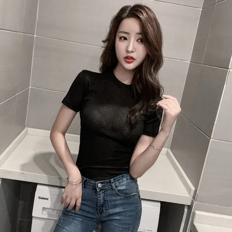 

Summer Solid Color Elastic Sexy Women T-shirt Simple Slim Fit Bottoming Shirt Short Sleeve Tops Thin Breathable Perspective Tees