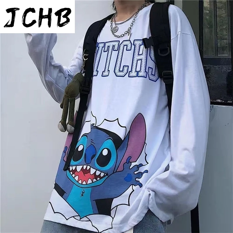 

2021 Couple Harajuku t Shirts Autumn Ins Korean High Street Loose Cartoon Graffiti Plus Size Male Female Long-sleeved T-shirt