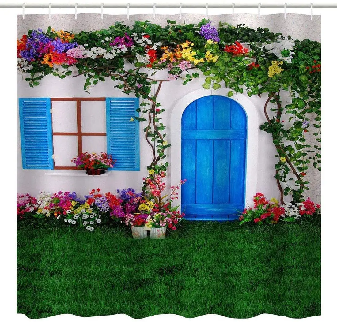

Summer Spanish House with Wooden Door Window Flowers Grass Scene Spring Bath Art Shower Curtain