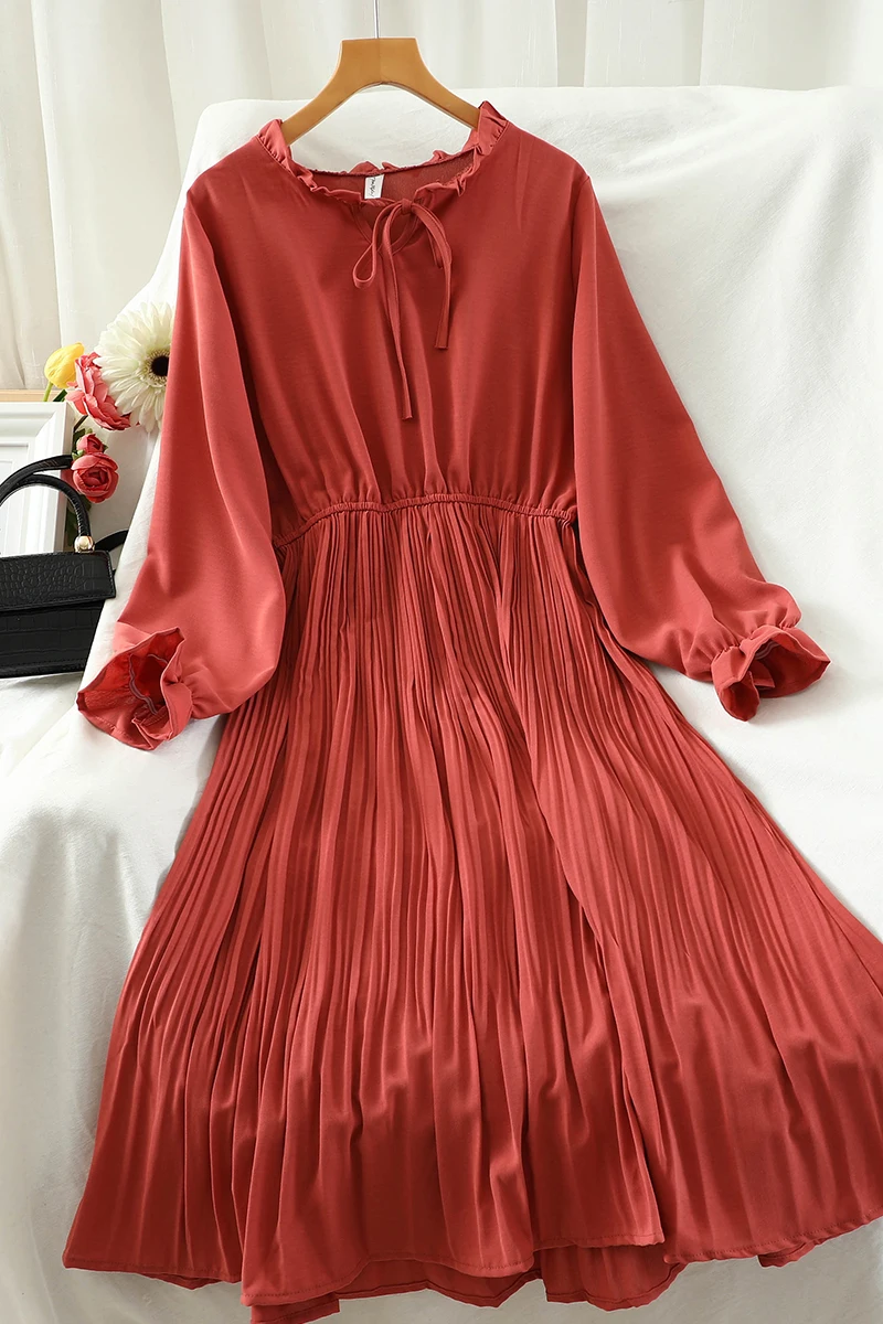 

T872 Fashion Simple Ins High Waist Was Mid-length Pleated Dress Female Elegant Long Sleeve Chiffon Dress