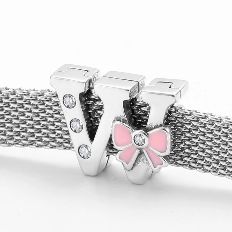 Розовая Подростковая бусина-бант с буквой W 100% _ Серебряный кубический цирконий