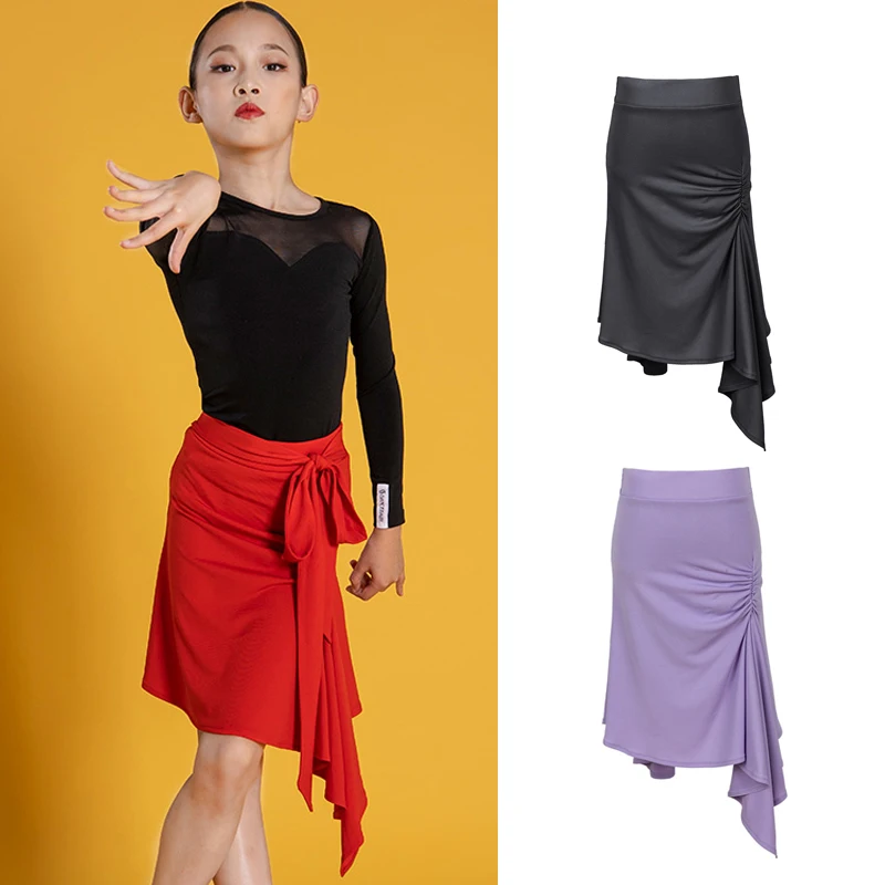 

Latin Dance Skirts Female Kids Irregular Skirt Girls Latin Dance Wear Samba Cha Cha Rumba Performance Red Practice Skirt BL5213