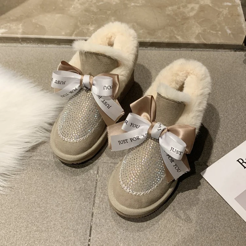 Женские ботинки зимние плюшевые ботильоны со стразами нескользящая брендовая