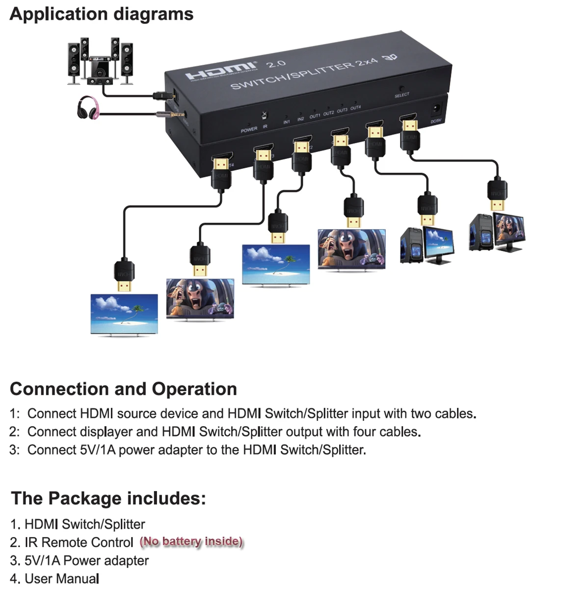2x4 HDMI 2,0 переключатель разветвитель 4K HDMI коммутатор/разветвитель SPDIF аудио поддержка 4 K/60 Гц и возможность понижения вывода для 4K и 1080P