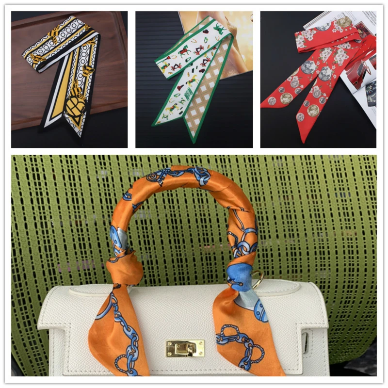 

2020 New Hair Scarf for Women Silk Skinny Scarves Print Handbag Ribbon Scarfs Luxury Female Neckerchief