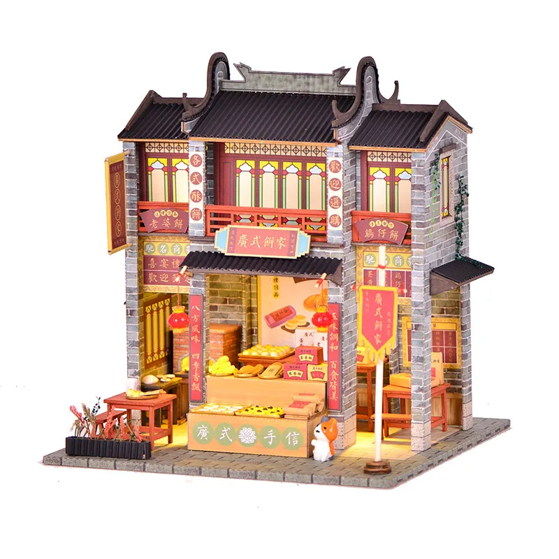 

Деревянный кукольный домик «сделай сам» в стиле кантонского кафе, миниатюрный с мебелью светильник кой, кукольный домик, игрушки для взросл...