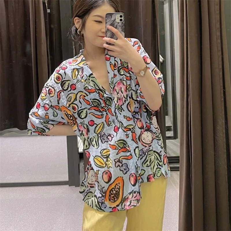 

Summer Fruit Print Female Shirt Za 2021 Short Sleeve Lapel Casual Shirts Vintage Button Up Slit Hem Loose Vacation Shirts Women