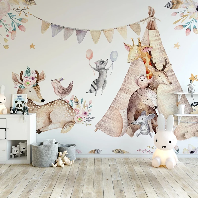 Custom 3D Photo Wallpaper Hand Painted Cute Animal Flowers Elk Giraffe Kindergarten Boys Bedroom Children Room Decoration Mural