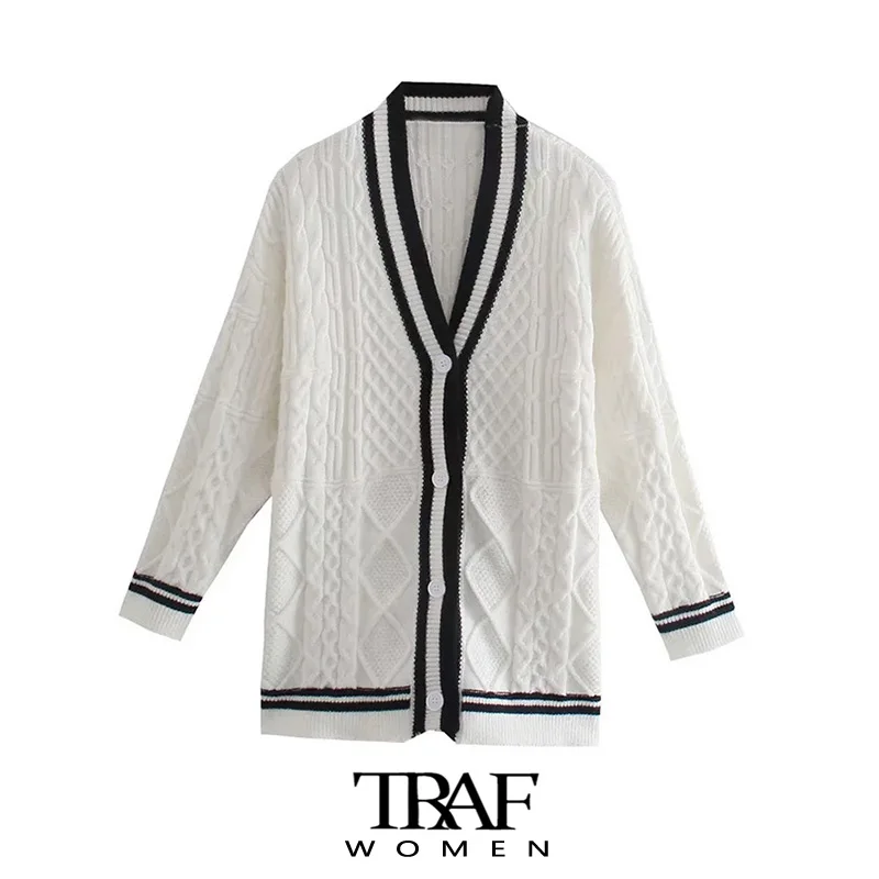 

TRAF Women Fashion Loose Patchwork Knit Cardigan Sweater Vintage Long Sleeve BUtton-up Female Outerwear Chic Tops