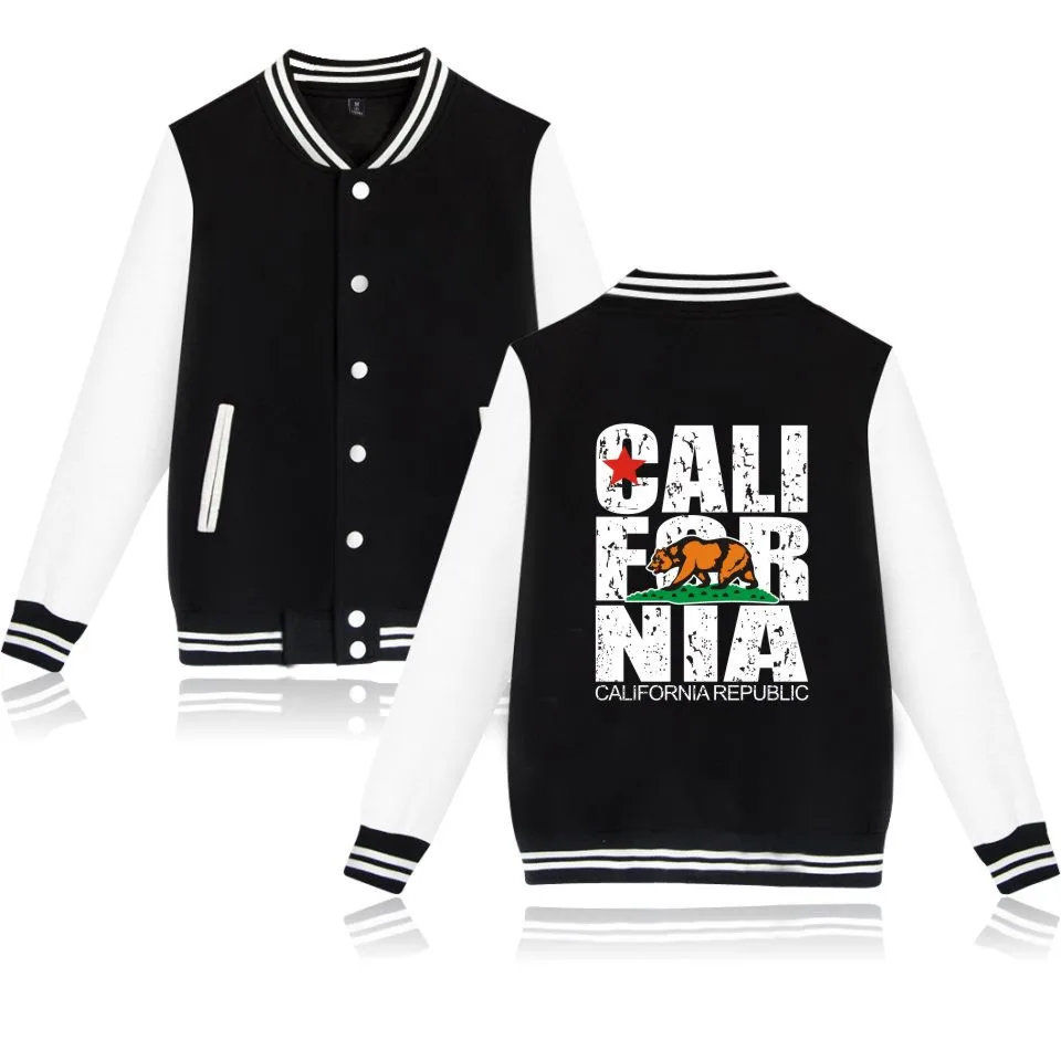 California Republic Printed Baseball Jacket Uniform Coat USA California Flag Bear Oversized Hoodies Sweatshirt Brand Clothes